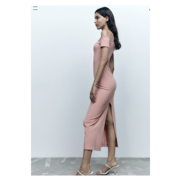 ZARA Light Pink Off the Shoulder Midi Dress Medium Blogger Favorite Valentines - Picture 9 of 16